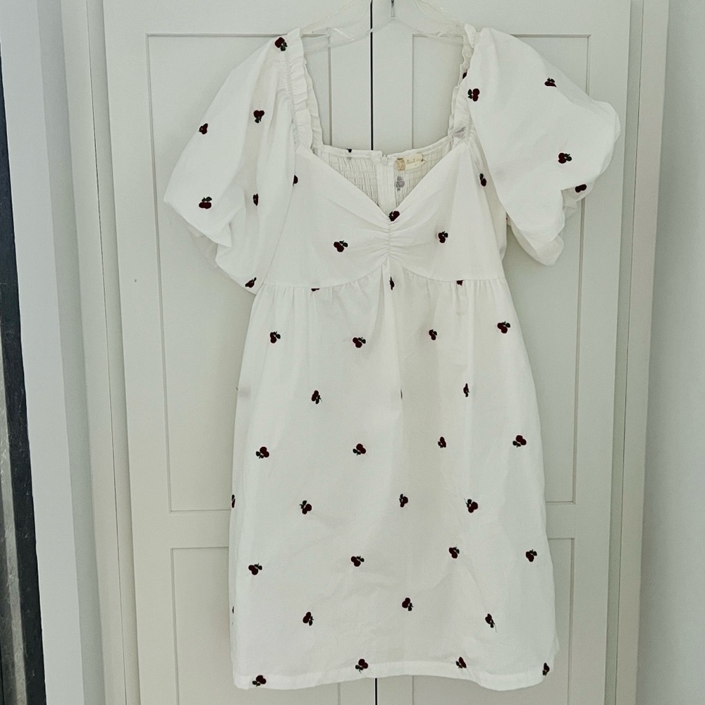 Altar'd State Dress Cherry Poplin White Puff-Sleeve Mini Dress - Picture 2 of 11